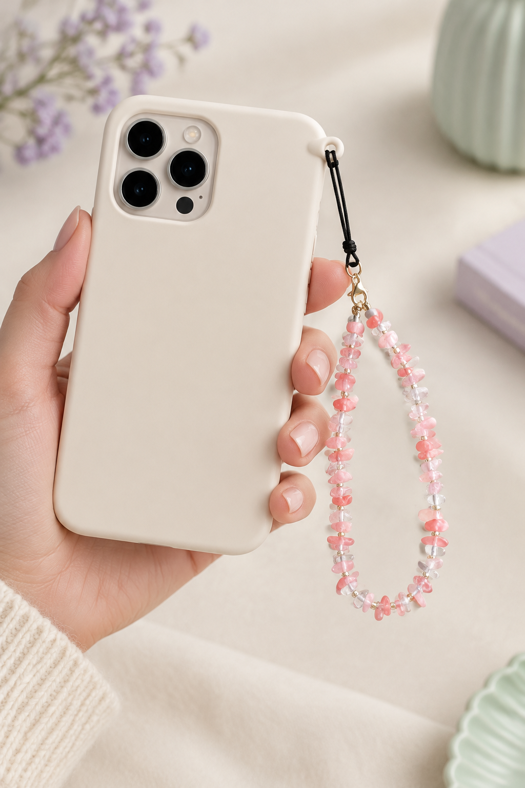 Bijou rose accroché à un smartphone