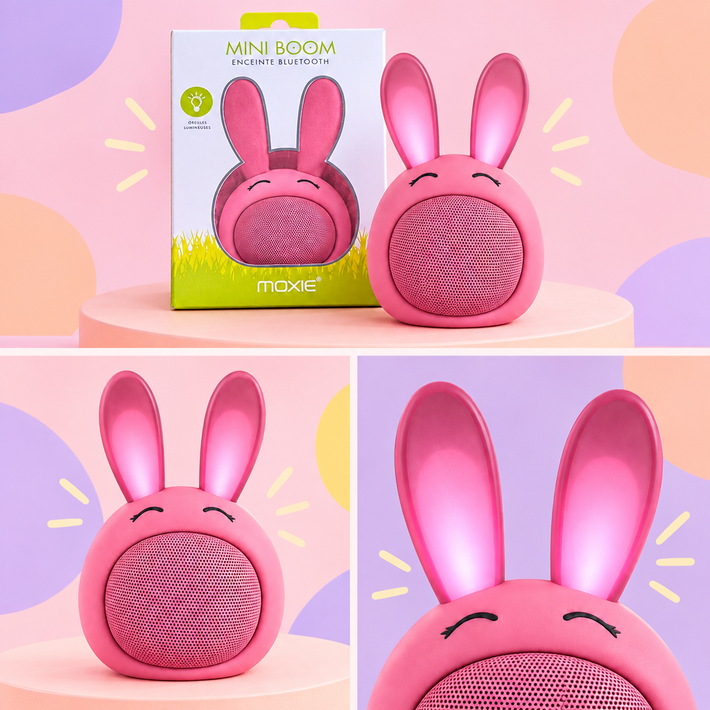 Collage des trois visuels de l’enceinte rose