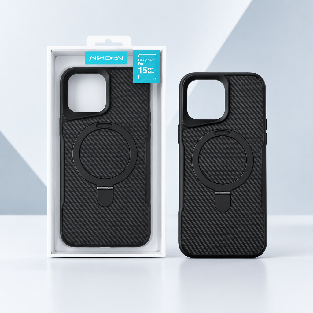 Coque carbone, debout avec emballage