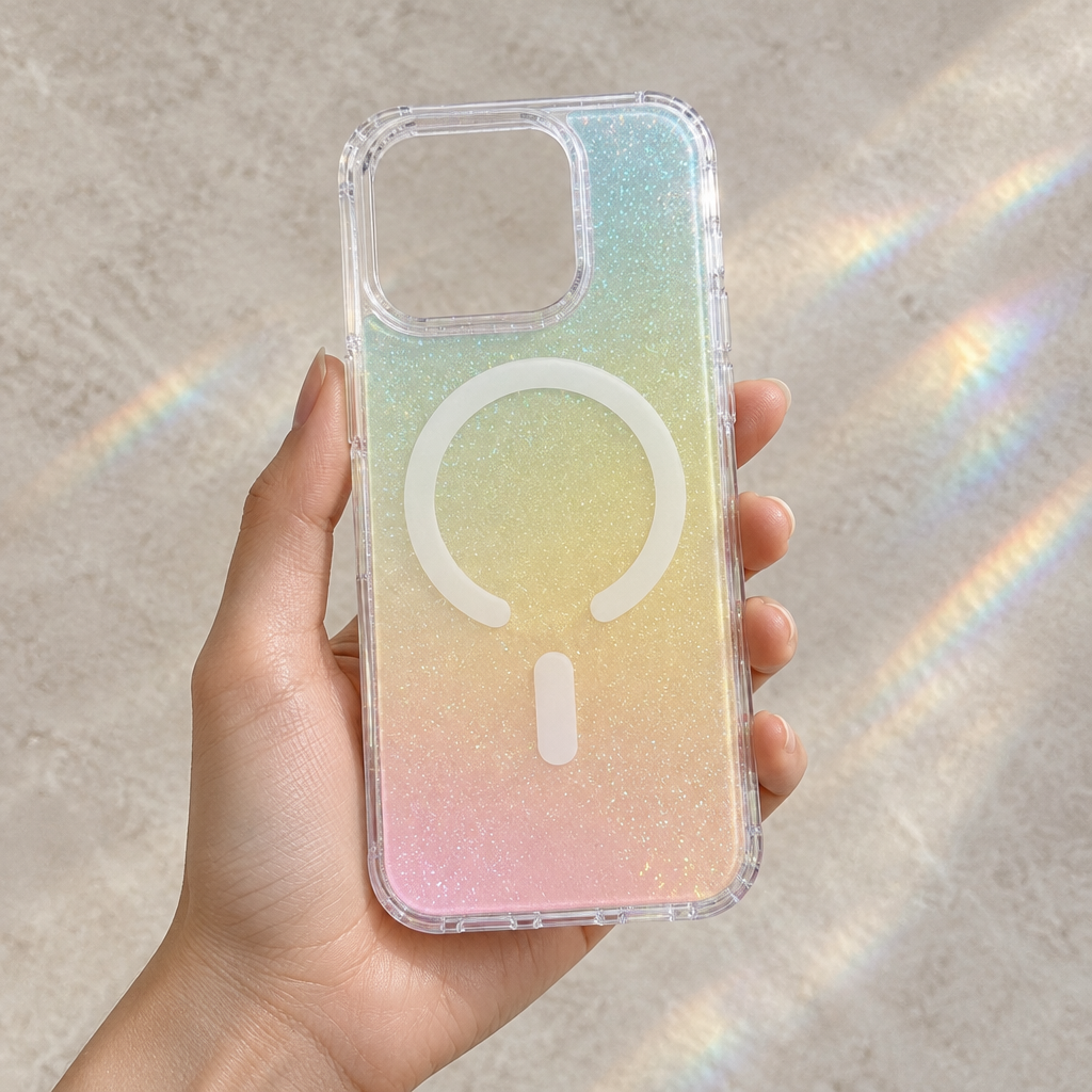 Coque holographique multicolore, tenue en main