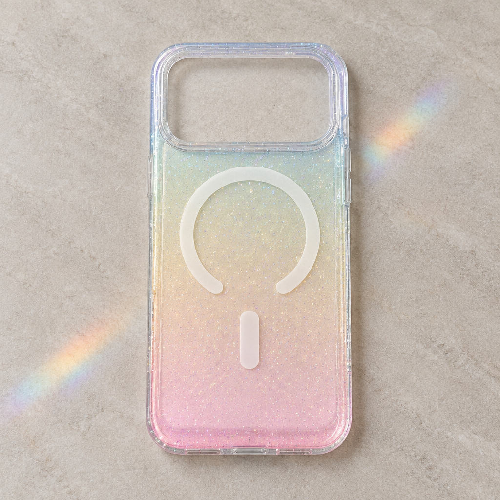 Coque holographique multicolore, vue à plat