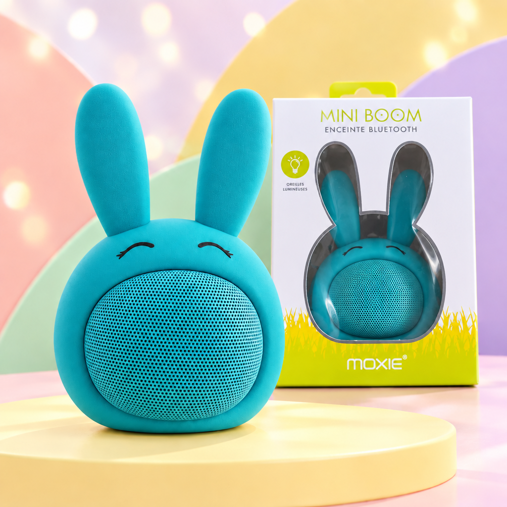 Enceinte bleue devant sa boîte, avec le lapin visible derrière la fenêtre transparente