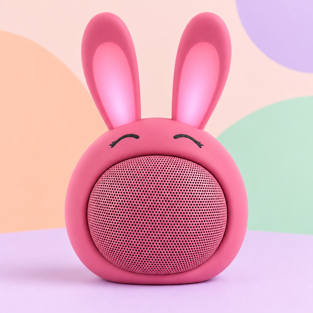 Enceinte lapin rose, détail des oreilles lumineuses