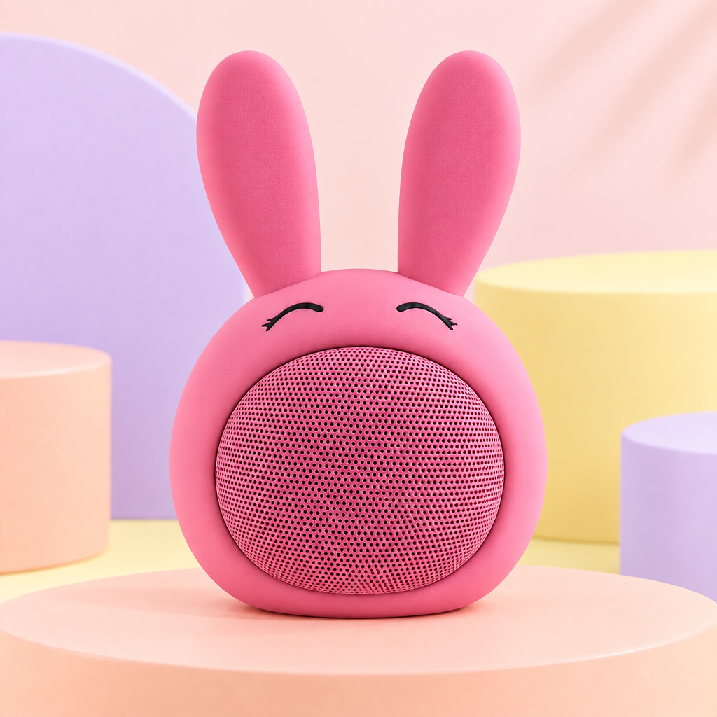 Enceinte lapin rose, vue principale et emballage si visible sur la source