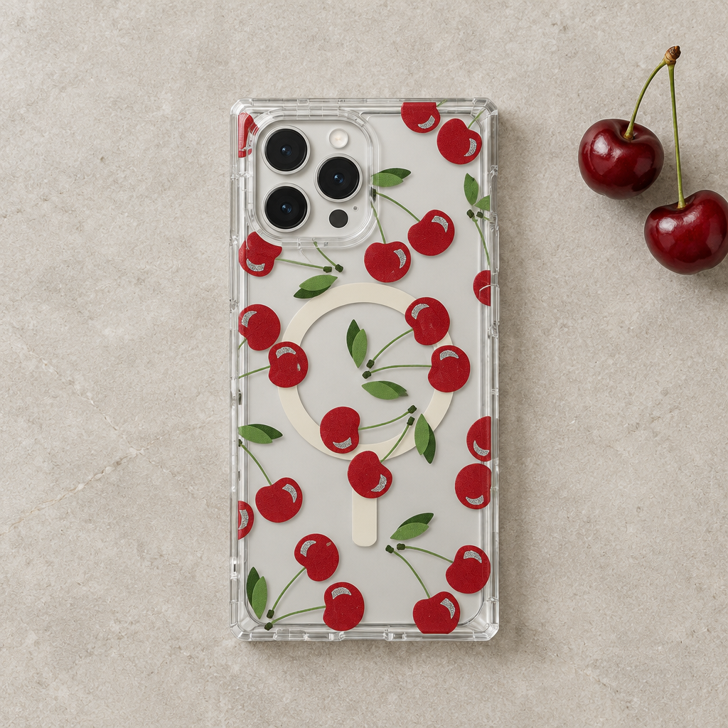 Coque rectangulaire à motifs - Finition métallisée - Compatible MagSafe - Version Cerises