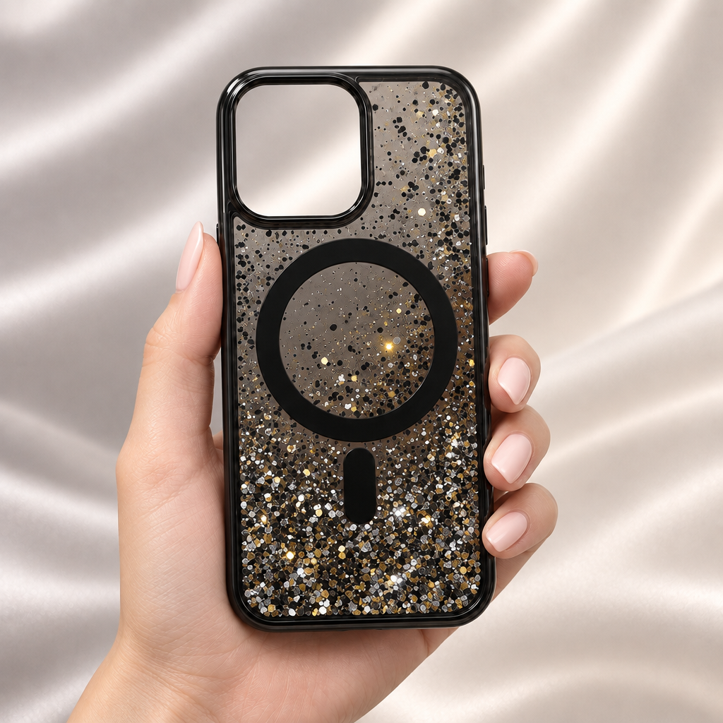Noir, coque en main et paillettes trois couleurs