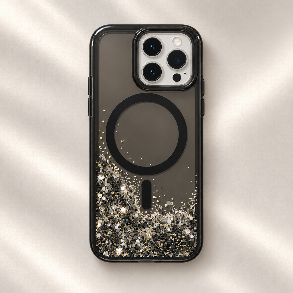 Noir, coque à plat et paillettes trois couleurs