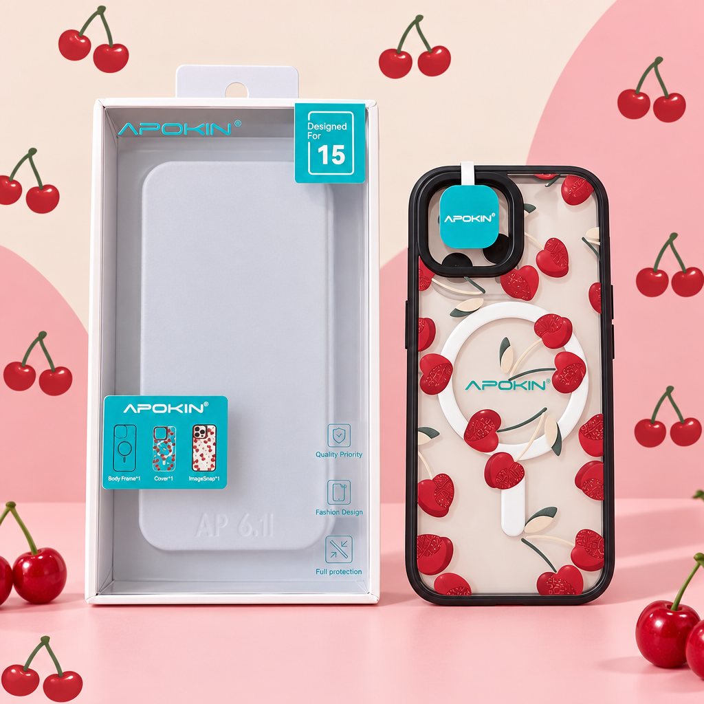 Photo 1, coque et emballage sur fond cerises