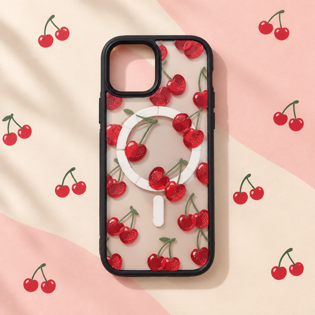 Photo 2, coque à plat sur fond cerises